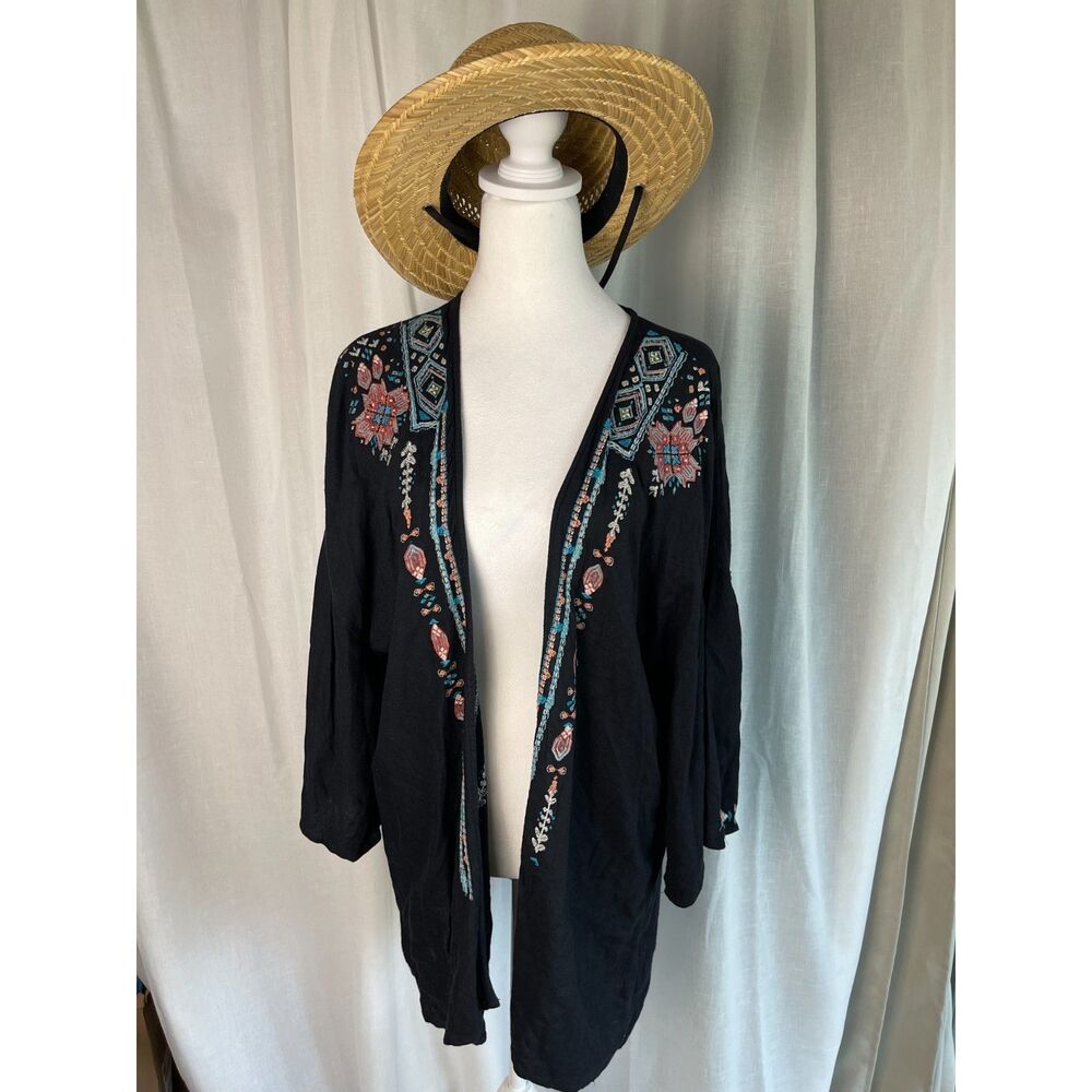 American Eagle Outfitters Black Embroidered Kimono - Size XS/S